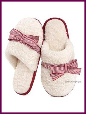 Faux Alpaca Plush Slip-On Slippers with Bow Cozy House Shoes